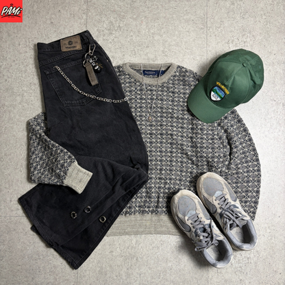 総柄厚手ニットブラックデニムコーデ古着