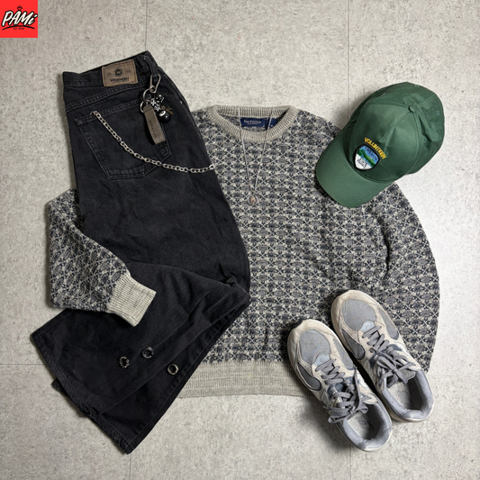 総柄厚手ニットブラックデニムコーデ古着