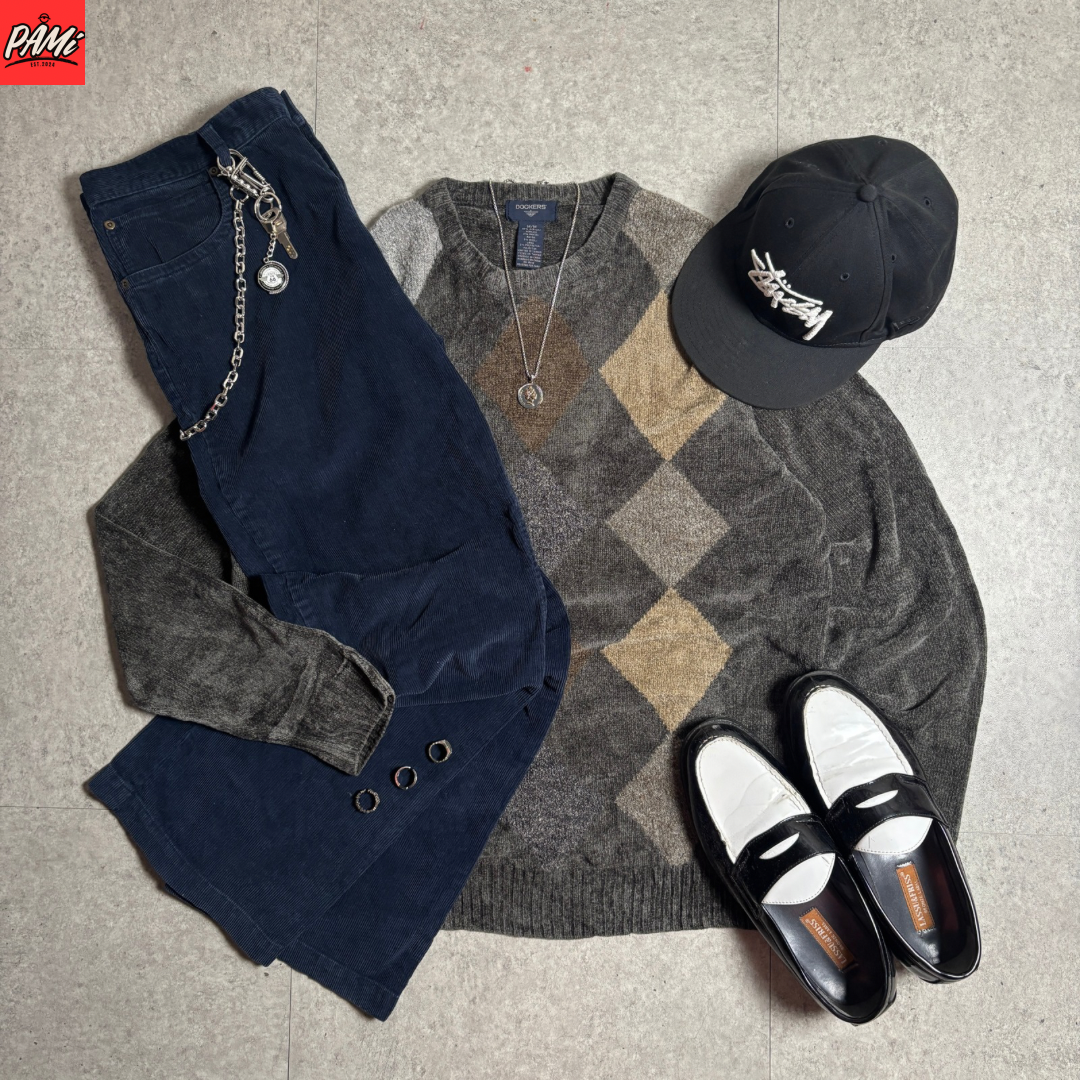 アーガイルニットシティボーイコーデ古着