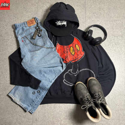 ミッキー耳付きフーディーコーデ古着