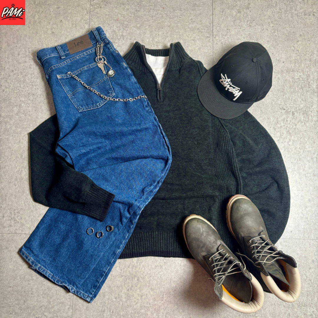 ハーフジップニットシティボーイコーデ古着