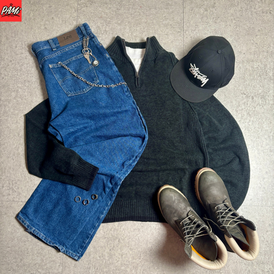 ハーフジップニットシティボーイコーデ古着