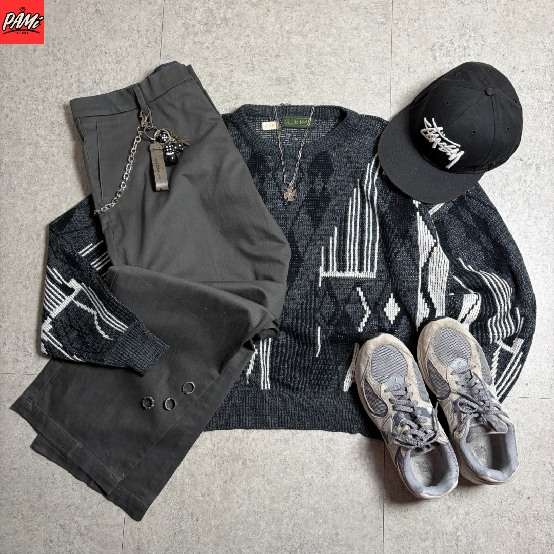 総柄ニットスラックスシティボーイコーデ古着