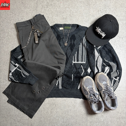 総柄ニットスラックスシティボーイコーデ古着