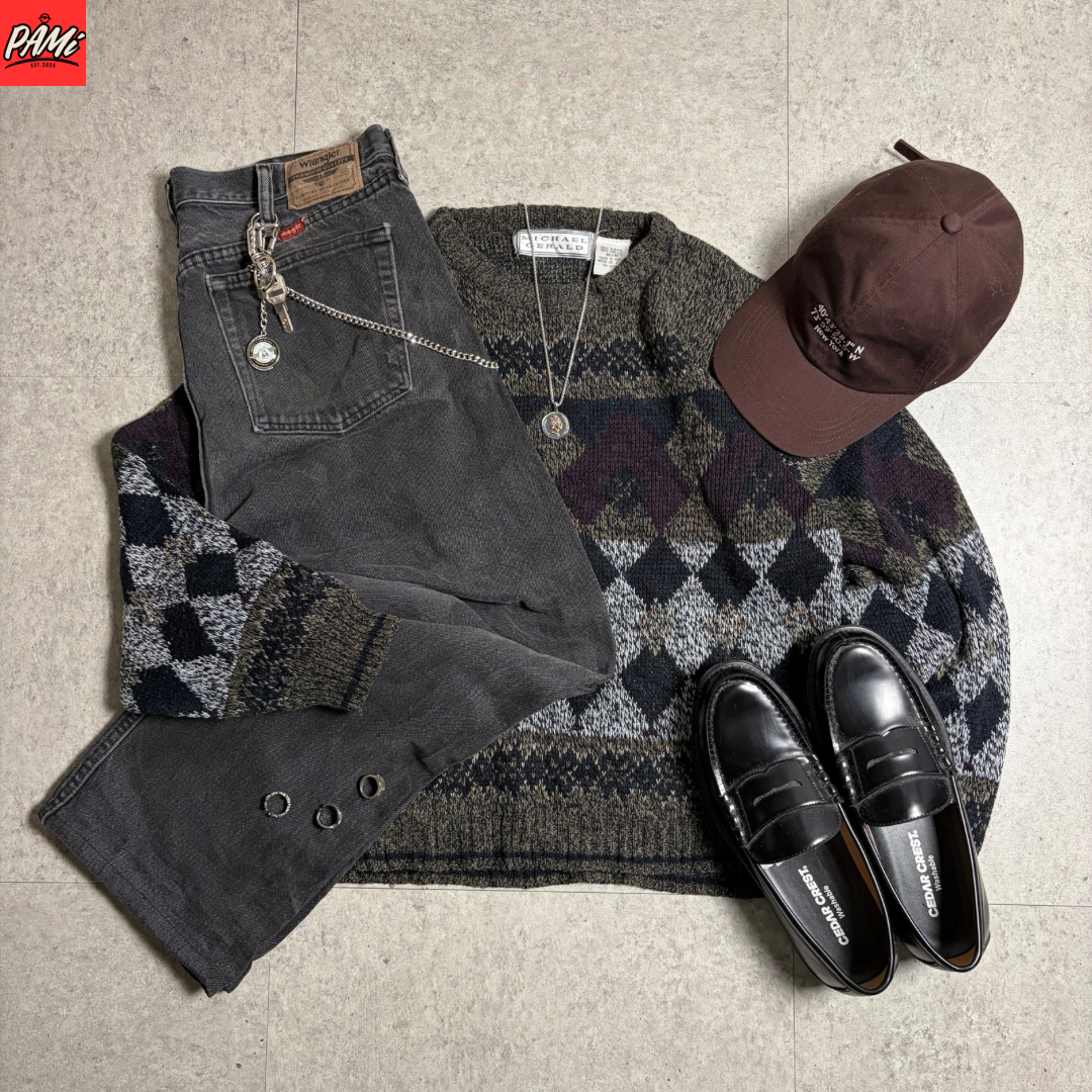 ジャガードニットブラックデニムコーデ古着