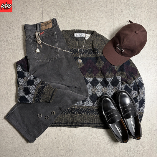 ジャガードニットブラックデニムコーデ古着