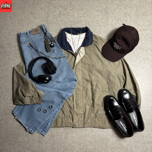 ハリントンジャケットベージュシティボーイコーデ古着