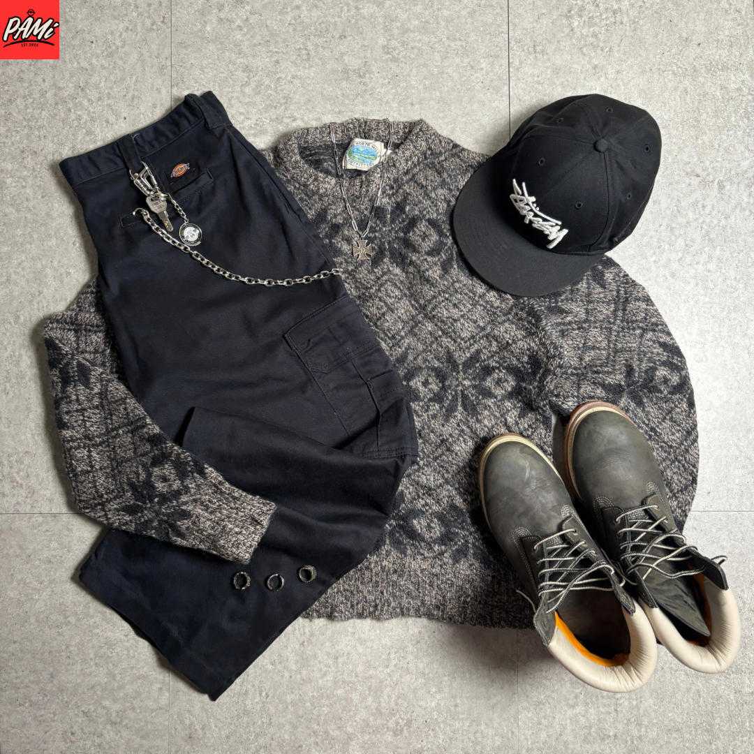 総柄ニットアメカジストリートコーデ古着