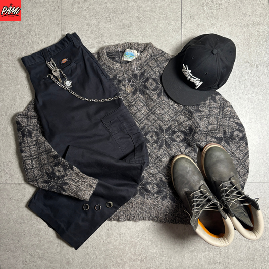 総柄ニットアメカジストリートコーデ古着