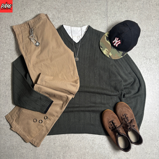 カーキリブニットシティボーイコーデ古着