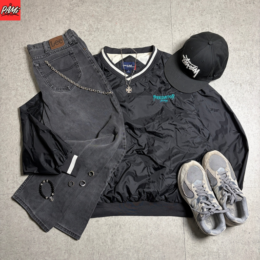 ナイロンプルオーバーブラックデニムストリートコーデ古着