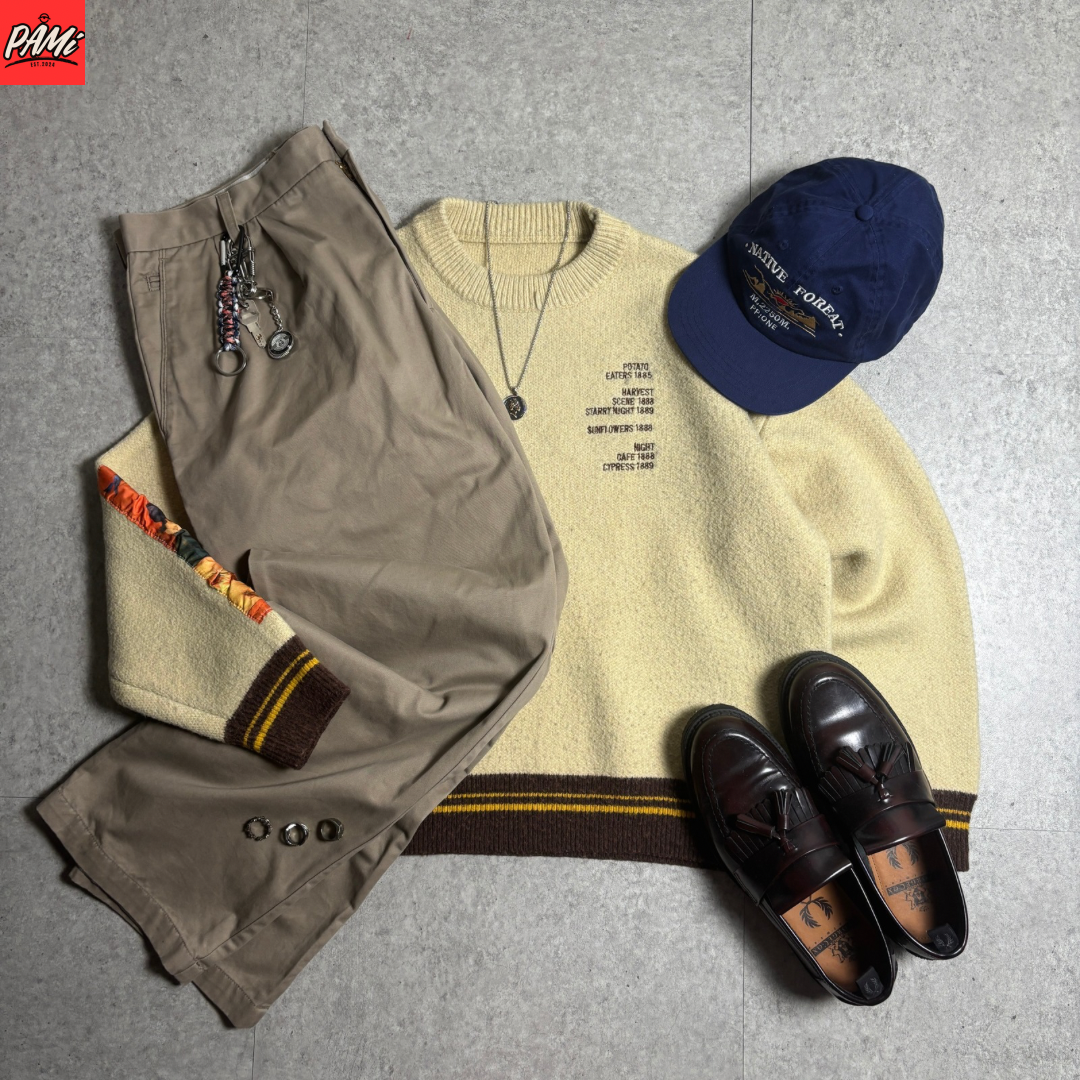 ゴッホプリントニットシティボーイコーデ古着