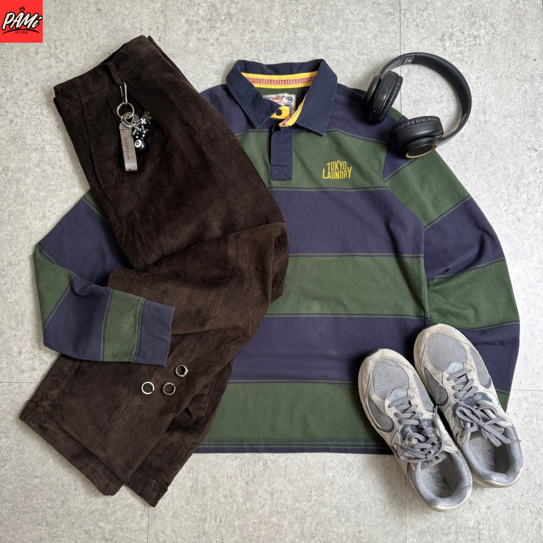 ラガーシャツシティボーイコーデ古着