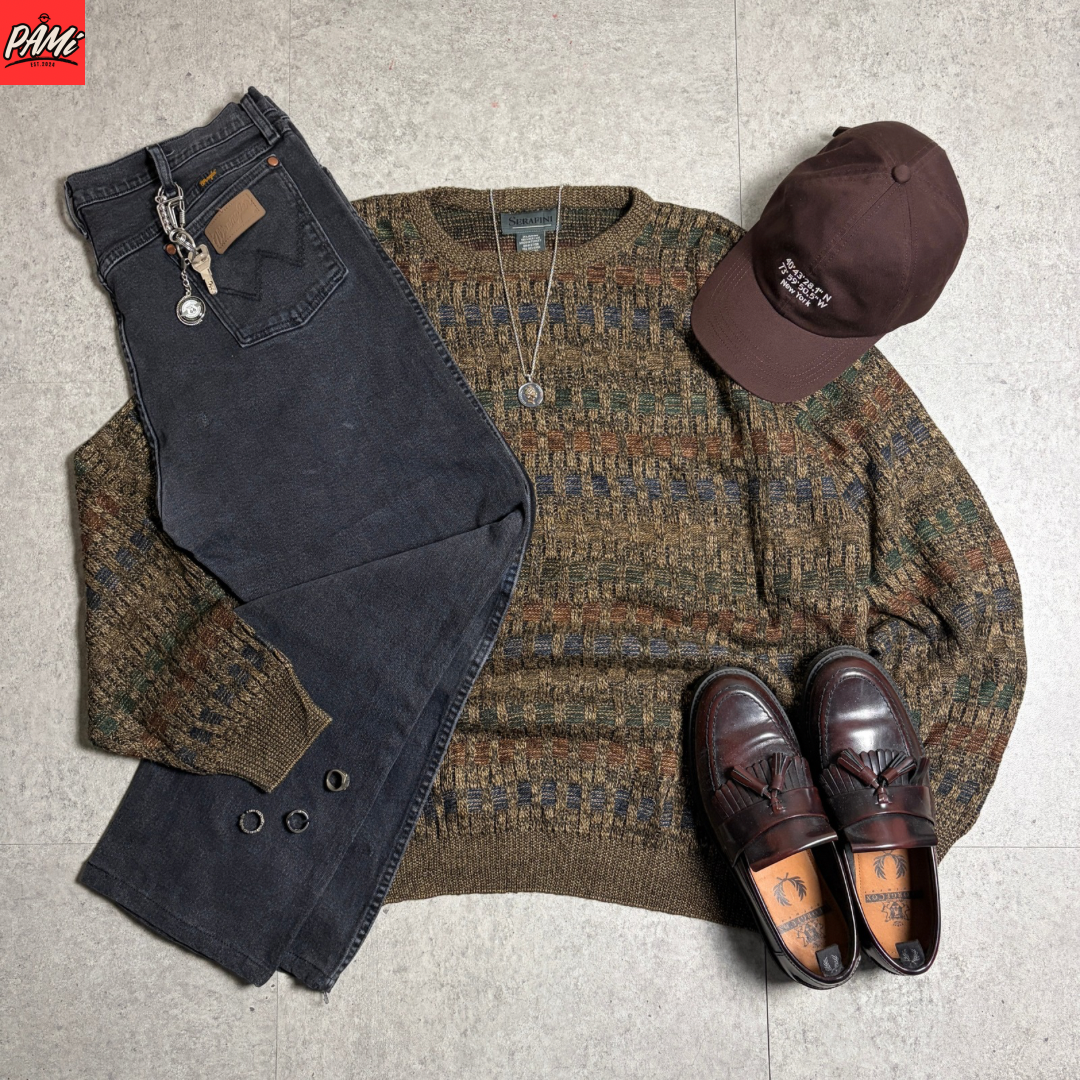 総柄ニットシティボーイコーデ古着デニム