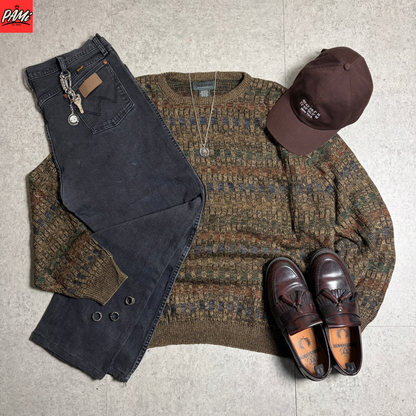 総柄ニットシティボーイコーデ古着デニム