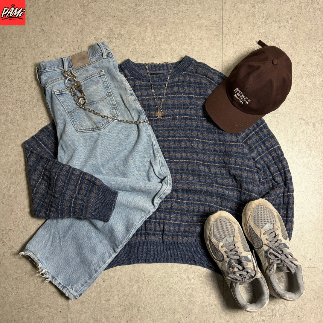 総柄コットンニットシティボーイコーデ古着