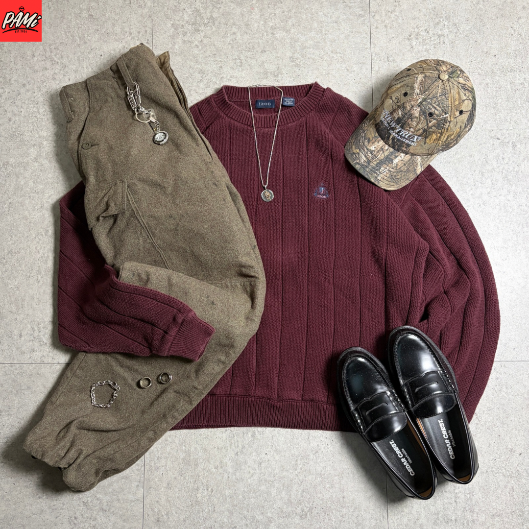 バーガンディニットミリタリーコーデ古着