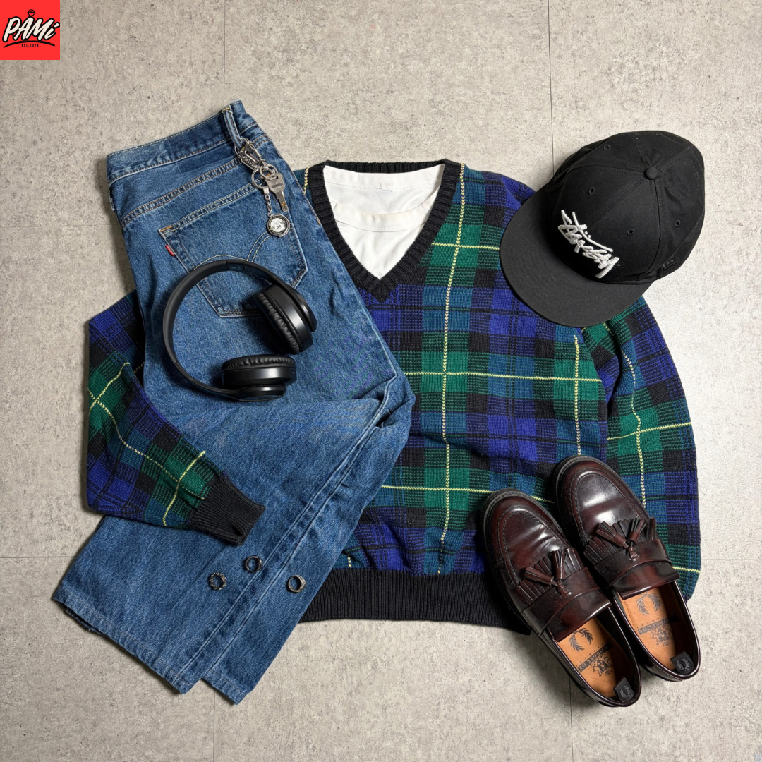 チェック柄コットンニットデニムコーデ古着