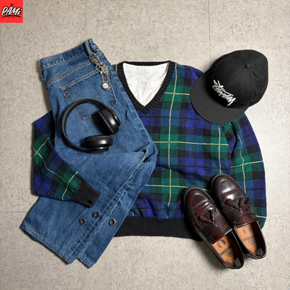 チェック柄コットンニットデニムコーデ古着