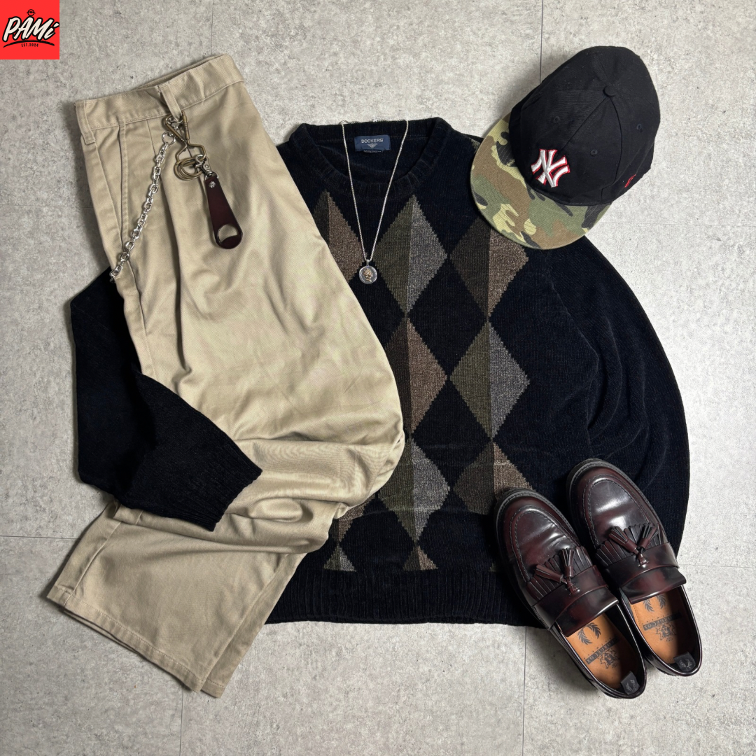 アーガイルニットシティボーイコーデ古着