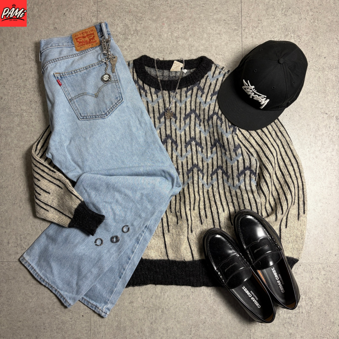 モヘアニットデニムシティボーイコーデ古着