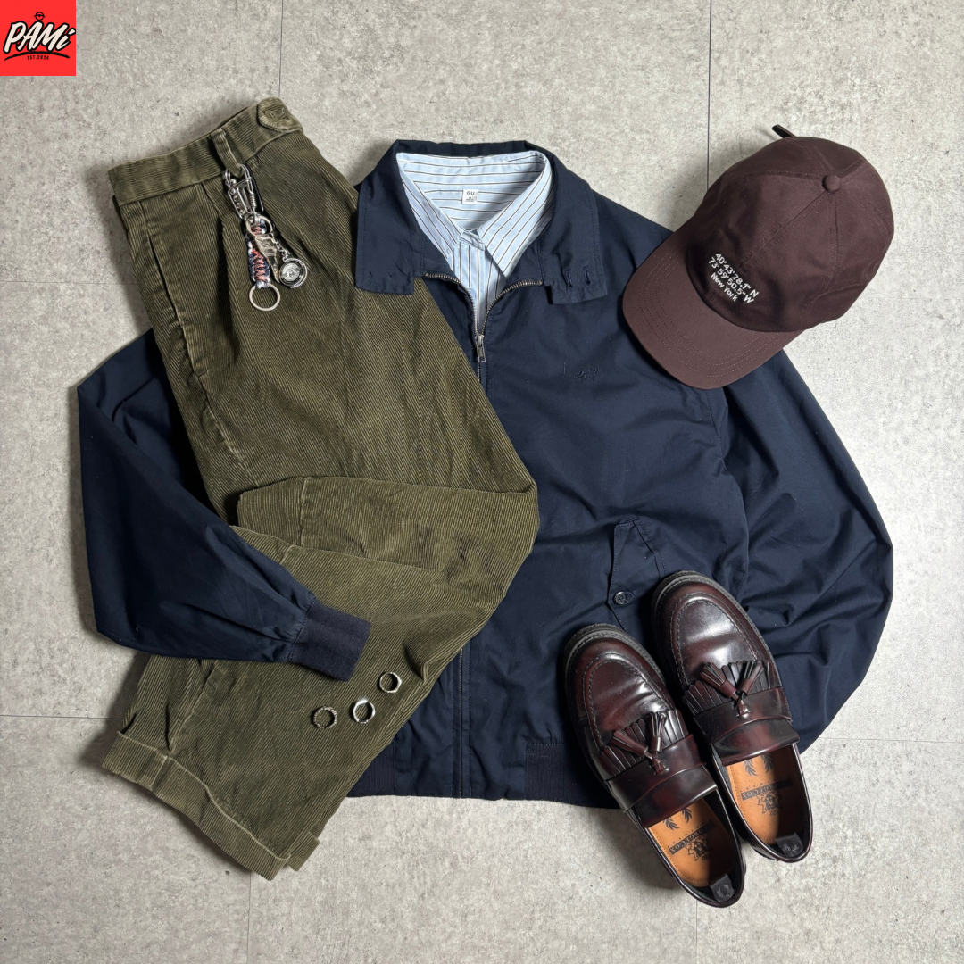 ハリントンジャケットネイビーシティボーイコーデ古着