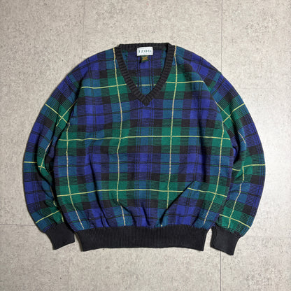 チェック柄コットンニットデニムコーデ古着