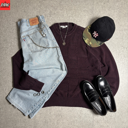 バーガンディニットシティボーイコーデ古着