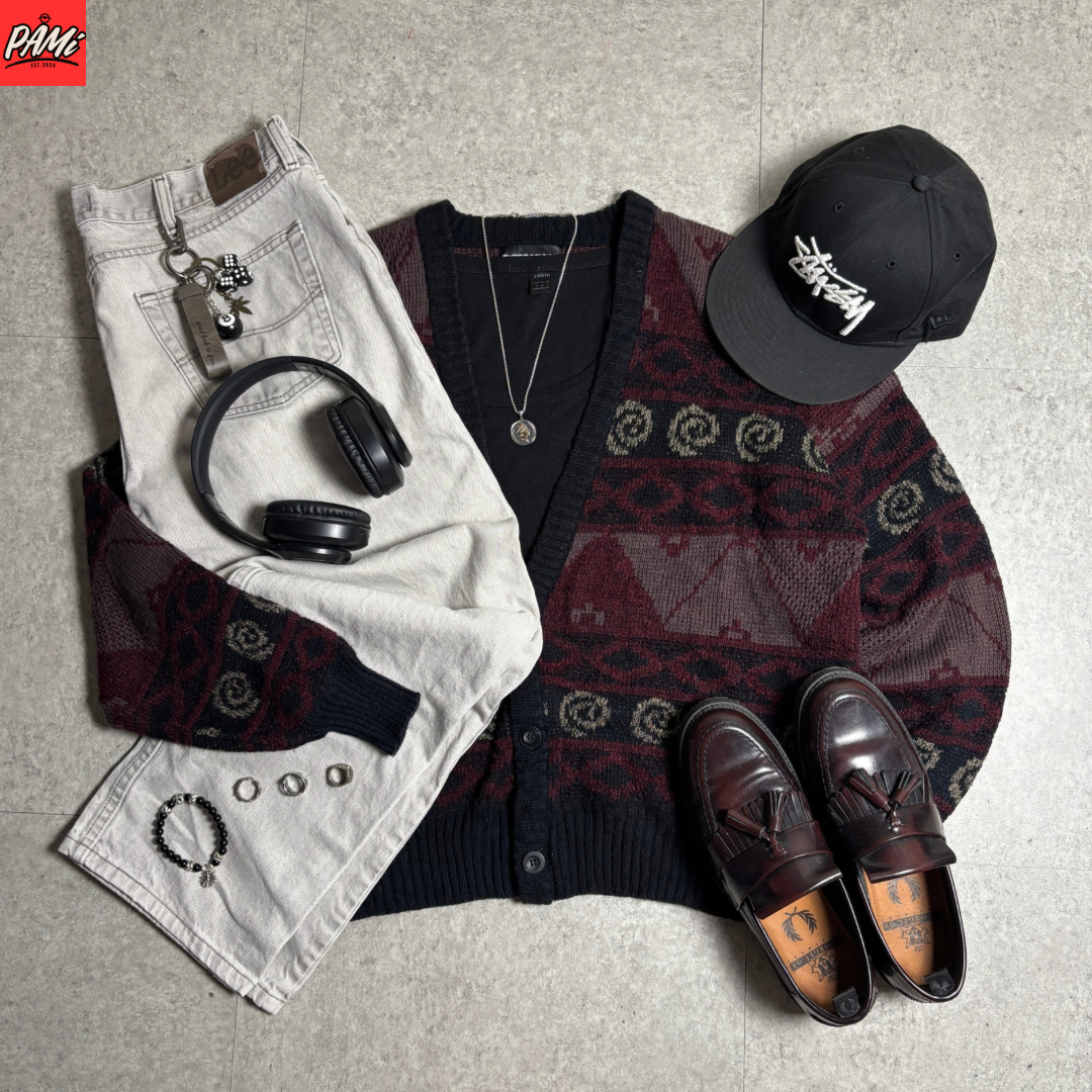 総柄ニットカーデシティボーイコーデ古着