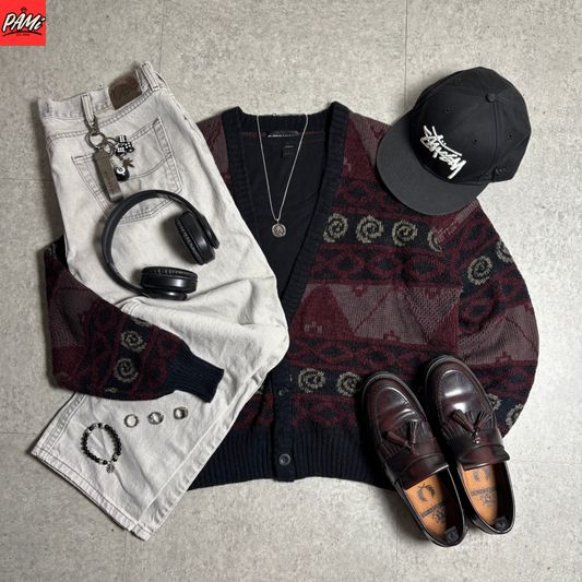 総柄ニットカーデシティボーイコーデ古着